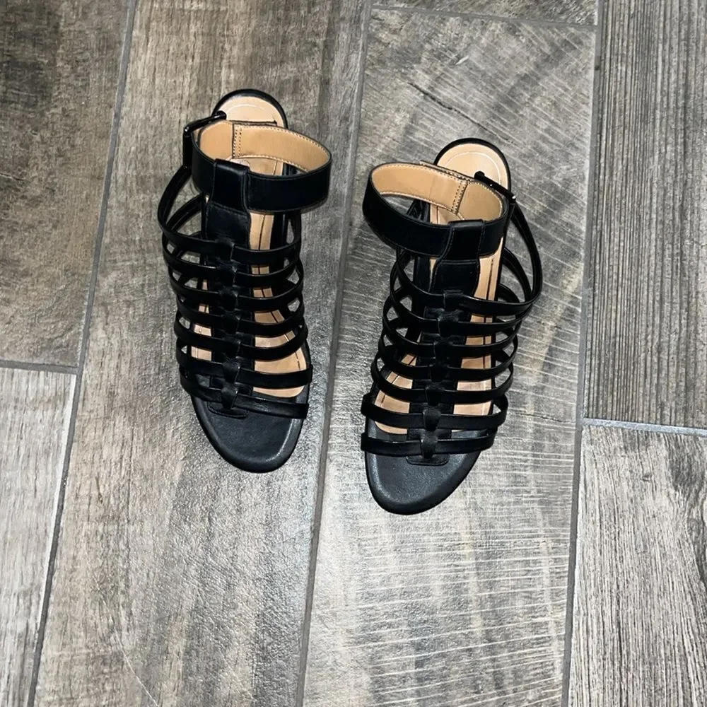 Vionic black Sami  leather ankle strap caged 3.5” block sturdy heels